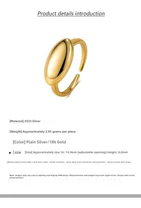 Detailed specs of S925 sterling silver oval ring with adjustable band and gold finish