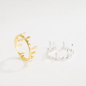 Anelli regolabili in argento S925 design corona fusa a goccia di lava oro e argento