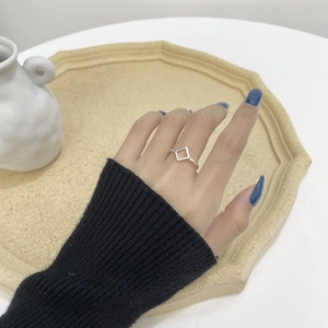 Close-up of a minimalist S925 sterling silver hollow square ring worn on a finger