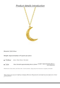 Macro detail of textured gold S925 silver moon pendant showing dimensions and material weight