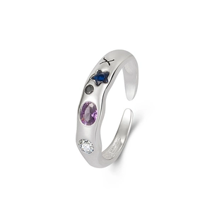 Minimalist S925 sterling silver open ring with colorful zircon stones and X engraving