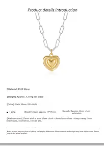 Vue détaillée d'un pendentif cœur en argent 925 avec finition contrastée or 18k