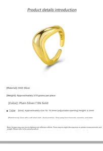 Detailansicht eines verstellbaren S925 Silberrings mit Abmessungen und 18k Goldbeschichtung