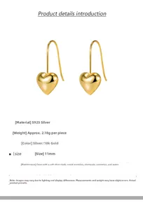 Detail of 925 sterling silver heart earrings showing 11mm width and 18k gold plating specs