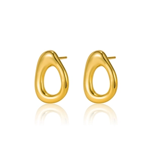 Golden 925 sterling silver hollow oval stud earrings with polished finish on white background