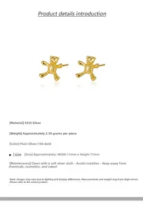 Detailed view of textured gold bear stud earrings made of S925 silver with dimensions