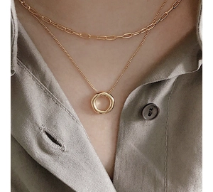 Layered gold S925 sterling silver necklace with paperclip chain and circle pendant