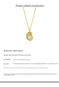 Detail view of S925 silver necklace with an irregular pearl pendant in 18k gold plating