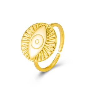 Vintage 925 sterling silver evil eye open ring with gold finish and sunburst engraving