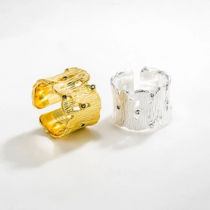 925 Sterling silver open rings with bark texture in gold and silver finish