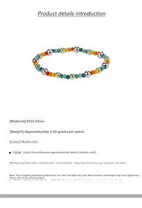 Detailed view of colorful beaded S925 sterling silver elastic bracelet for women