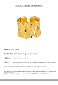 Detail of S925 silver wood bark textured ring with green zircon stones inlay