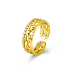 Adjustable S925 sterling silver gold-plated ring with double-layer hollow chain design