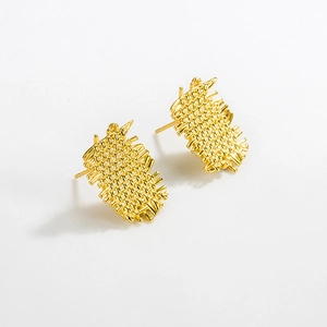 Vintage gold woven textured rectangle stud earrings in S925 sterling silver for women
