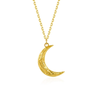 S925 sterling silver gold crescent moon necklace with vintage hammered texture finish