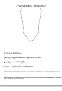 Détail du collier de perles en argent S925 avec barre ondulée et chaîne de 40+5 cm