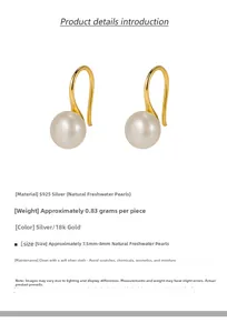 Detailed specs of S925 silver and 7.5-8mm natural freshwater pearl hook earrings