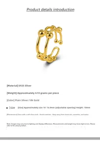 Detailed specs of the adjustable S925 sterling silver horseshoe ring with 18k gold finish