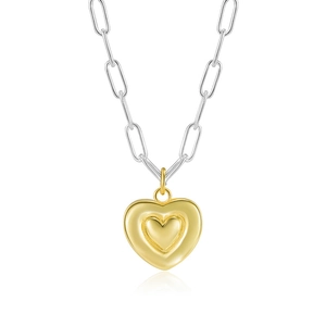Collier chaîne trombone en argent 925 bicolore avec pendentif cœur doré à double couche