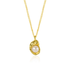 Irregular natural freshwater pearl necklace with 925 silver bean pendant on gold chain