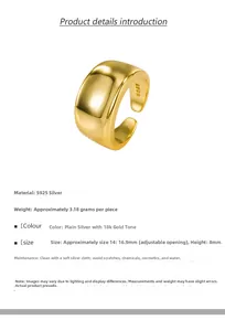 Detailed view of wide 18K gold-plated S925 sterling silver adjustable minimalist ring