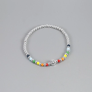 S925 sterling silver beaded bracelet with colorful faceted gems and smiley face charm