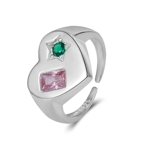 Bague cœur en argent S925 avec pierres vertes et roses, design ajustable minimaliste
