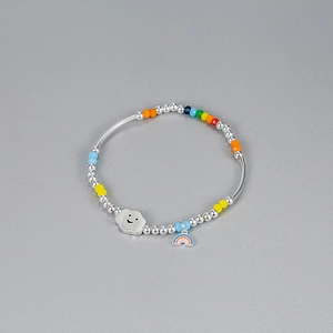 Handmade S925 Sterling Silver Rainbow Cloud Beaded Bracelet Women Girls Cute Smile Cloud Enamel Rainbow Charm Bracelet