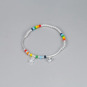 Bracelet en Perles Arc-en-ciel en Argent Sterling 925 pour Femmes Doux Pendentif Ours Cœur Fait à la Main Simple Bijoux de Mode INS