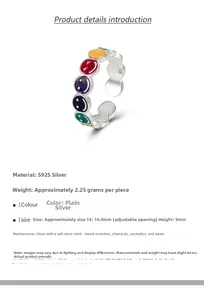 Detail of 925 sterling silver open ring with colorful enamel smiley faces and size specs