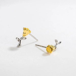 Minimalist S925 silver rose stud earrings featuring unique two-tone contrast flower design