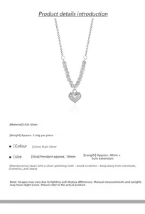 Collier cœur en argent massif S925 avec perles facettées et dimensions détaillées