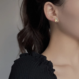 Elegant geometric square stud earrings in S925 sterling silver with champagne zircon stones