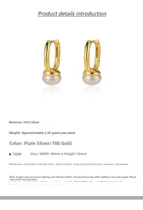 Close-up of S925 silver 18k gold earrings with natural freshwater pearls and dimensions