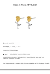 Macro detail of S925 sterling silver rose stud earrings with gold petals and 12mm height