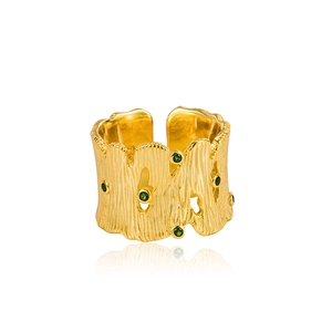 925 silver wide ring with natural wood bark texture and green zircon stones