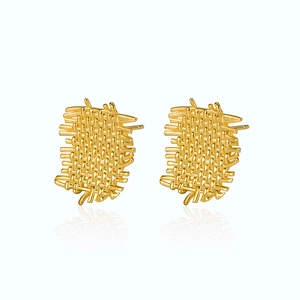 Modern woven texture gold stud earrings in rectangular design with polished finish