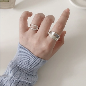 Minimalist S925 sterling silver chunky band and double-layered hollow open ring on hand