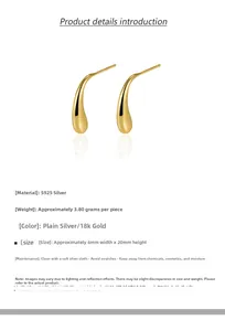 Detailed S925 silver teardrop earrings product specifications and 18k gold size chart