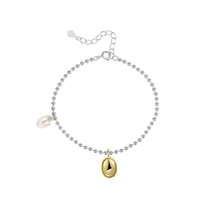 Elegant S925 sterling silver beaded bracelet with baroque pearl and golden pendant charm