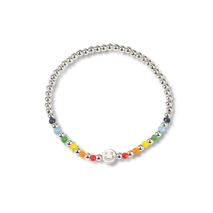 S925 sterling silver beaded stretch bracelet with rainbow gems and a smiling face charm