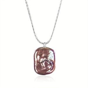 Baroque rectangle pearl pendant on a silver snake chain with metallic luster