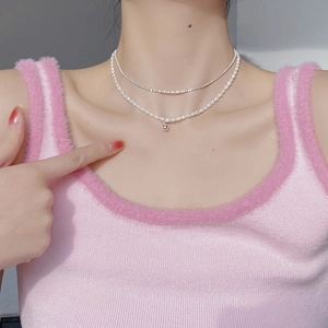 Double-layered S925 silver necklace with baroque pearls and sparkling fine chain