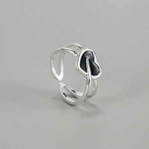 Minimalist S925 sterling silver double-layer cross ring with black enamel heart charm