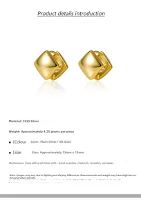 Macro detail of polished 18k gold geometric S925 silver square hoop earrings