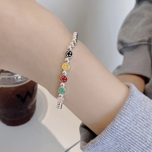 Bracelet en perles d'argent sterling 925 avec breloques smiley en émail coloré pour femme
