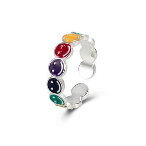 925 silver adjustable open ring featuring colorful enamel smiley faces on white background