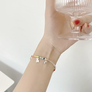 Bracelet perlé minimaliste en argent sterling S925 avec perles colorées et breloques ours coeur