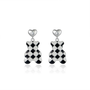 Boucles d'oreilles pendantes ours en damier et argent S925 avec reflets de miroir