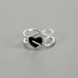 Korean S925 Sterling Silver Double Layer Cross Open Ring Black Enamel Heart Adjustable Finger Ring For Women Fashion Jewelry